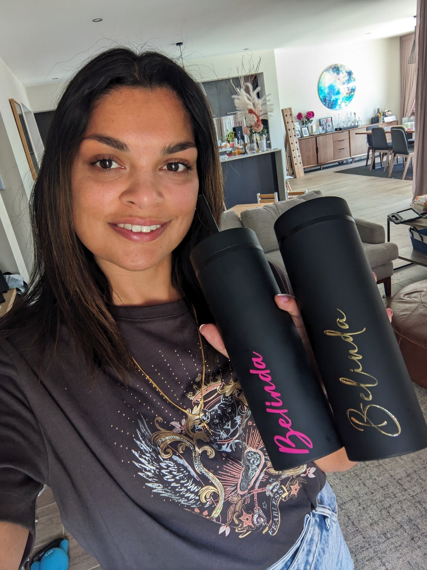 Black Personalised Drink Bottle Tumbler with straw