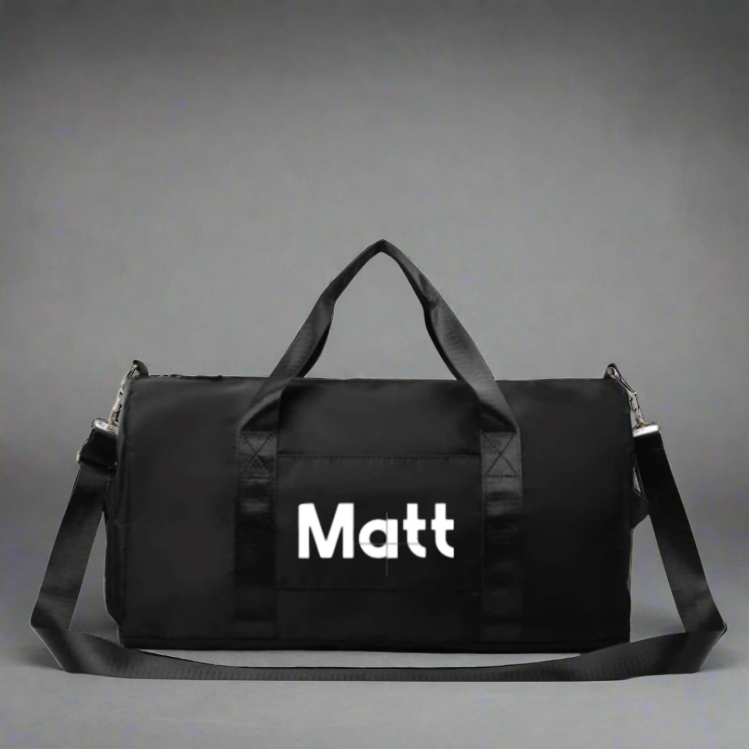 Personalised black gym bag with different compartments. Gift idea for men