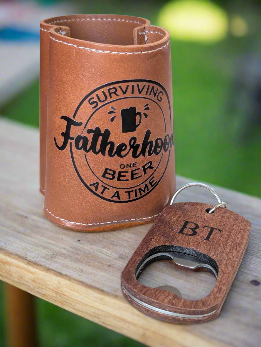 surviving fatherhood beer bottle leather holder with a wooden bottle opener keyring