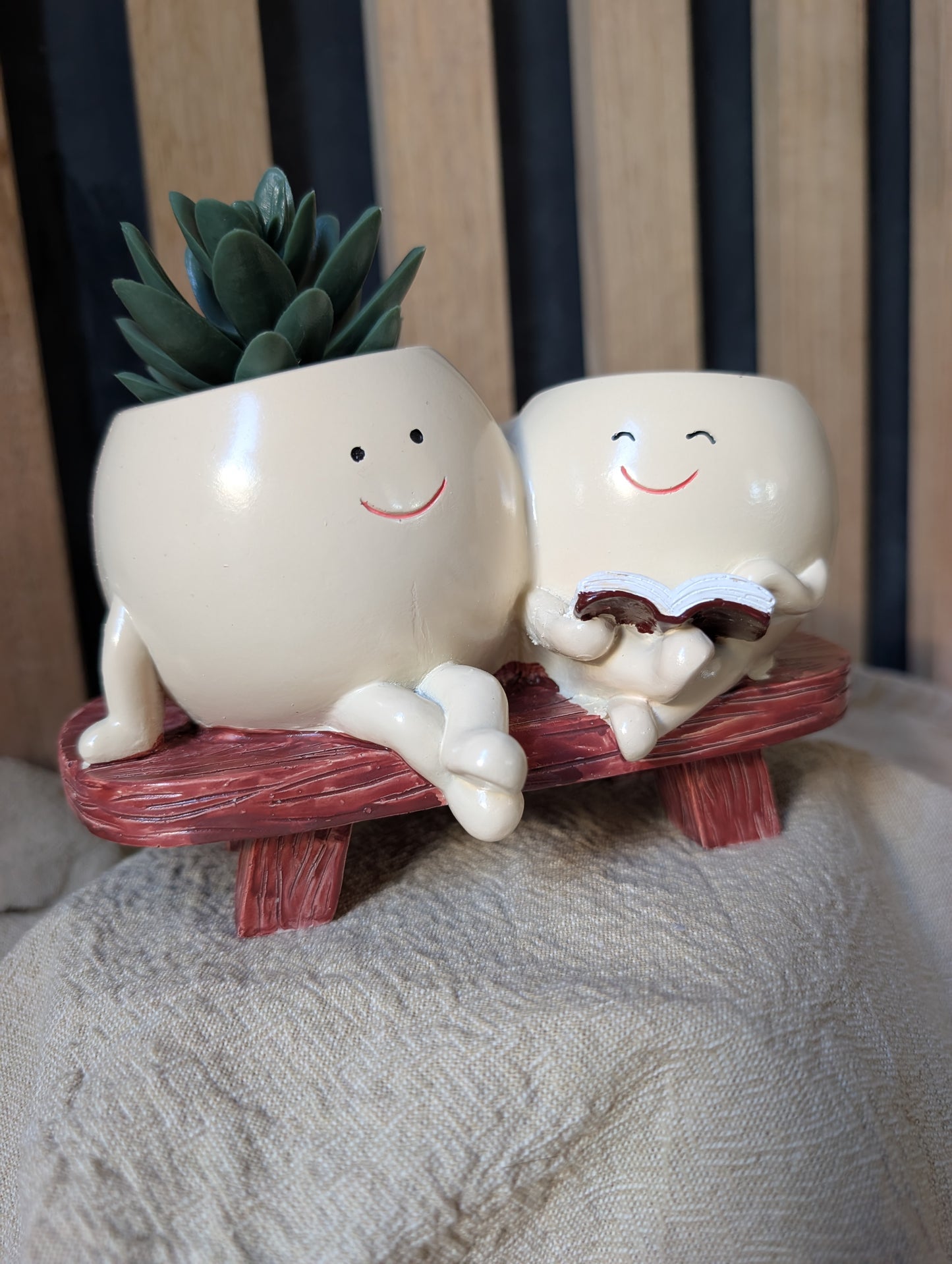 Happy Mother and Child Planter – Cute Reading & Plant Pot Duo on Wooden Bench
