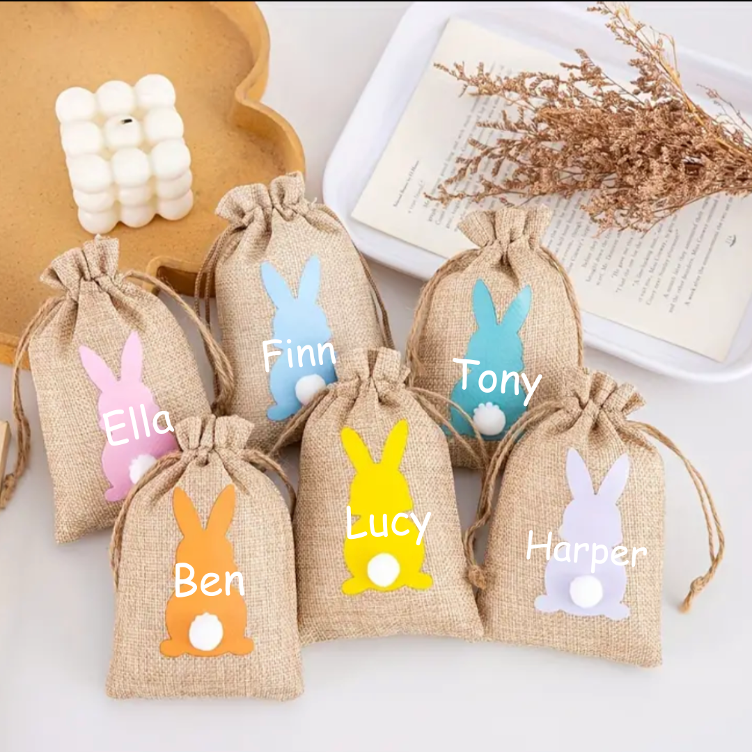 Personalised Easter Bunny Small Hessian Easter Egg Goodie Bags - Set of 6