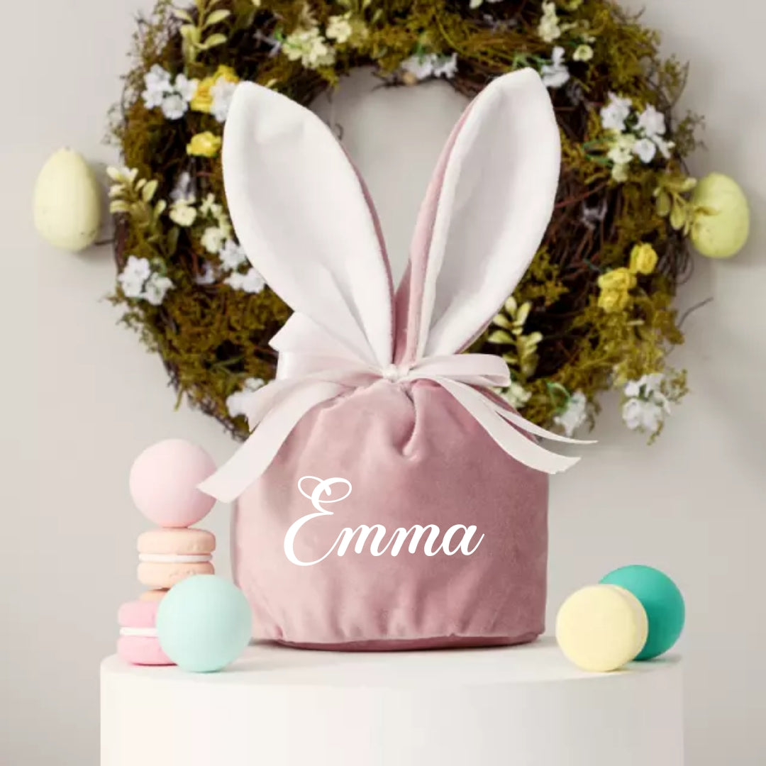 Personalised Easter Bunny Pink Velvet Bag | Pouch | Easter Gift | Egg Hunt