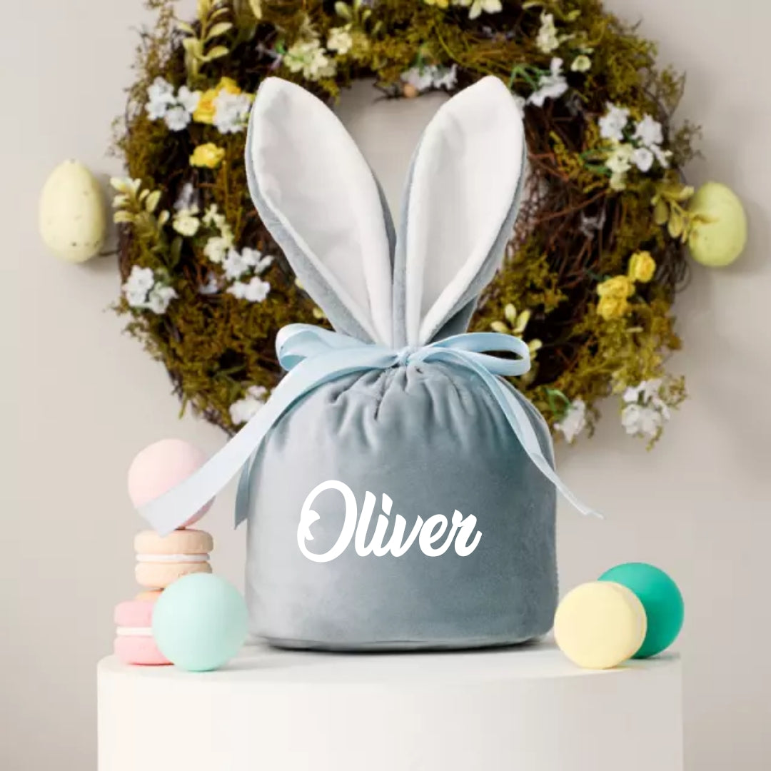 Personalised Easter Bunny Blue Velvet Bag | Pouch | Easter Gift | Egg Hunt