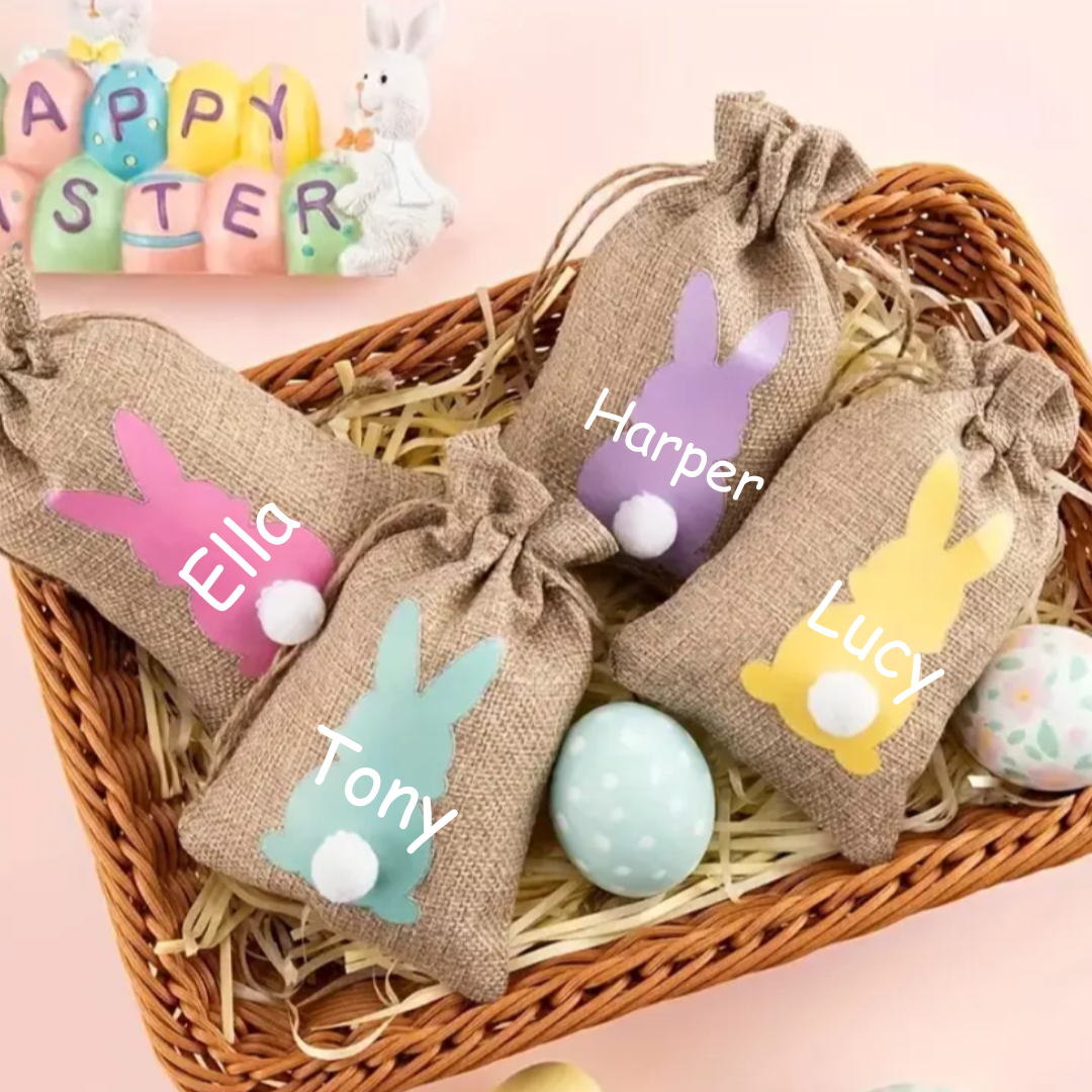 Personalised Easter Bunny Small Hessian Easter Egg Goodie Bags - Set of 6