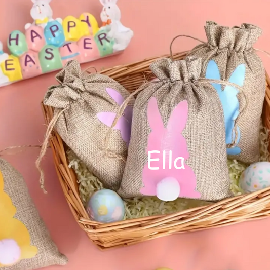 Personalised Easter Bunny Small Hessian Easter Egg Goodie Bags - Set of 6