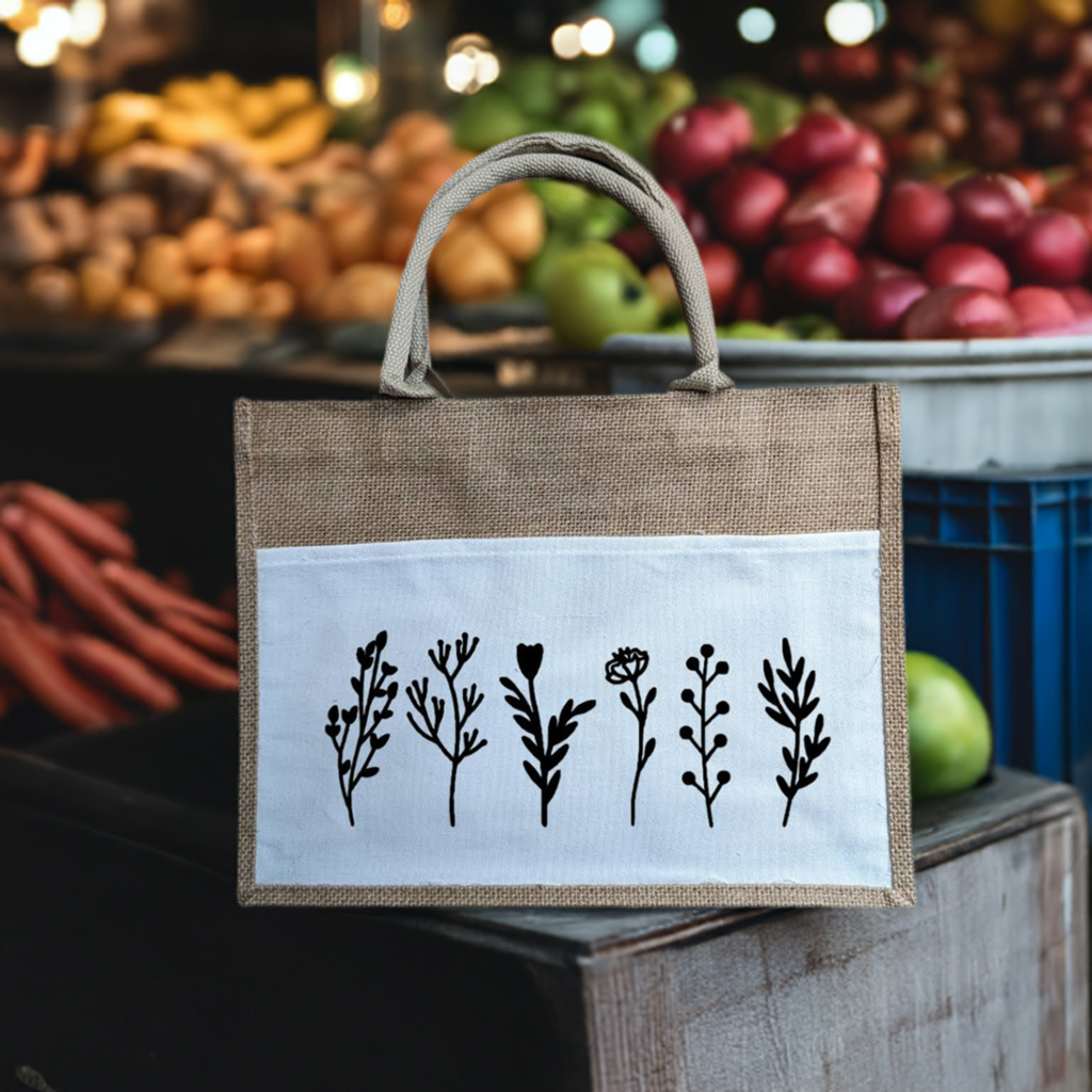 Floral Design Jute/Burlap Tote Bag with Canvas Pocket