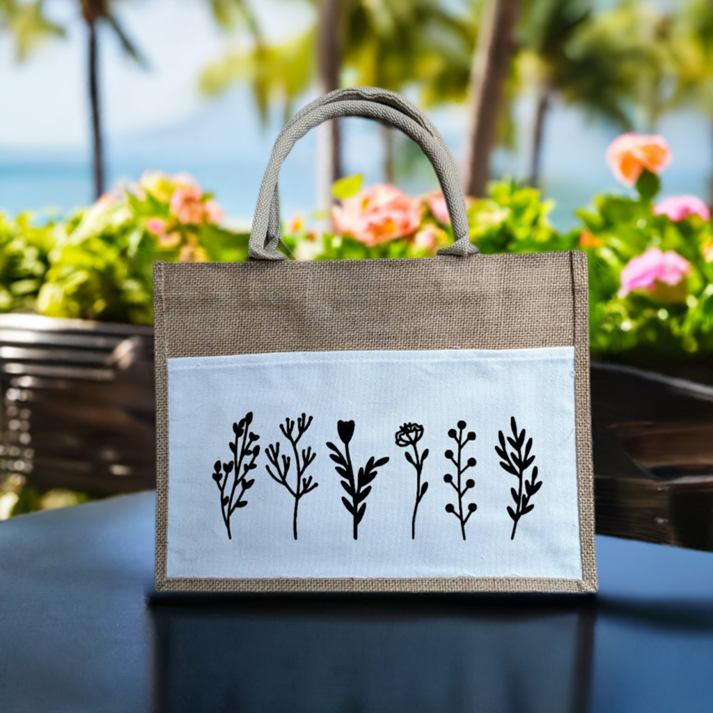 Floral Design Jute/Burlap Tote Bag with Canvas Pocket