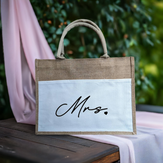 Mrs Jute/Burlap Tote Bag with Canvas Pocket