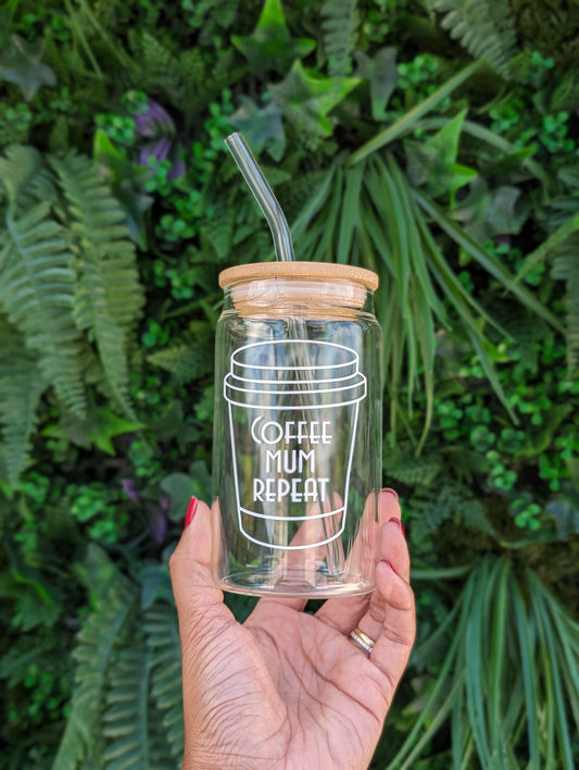 Coffee Mum Repeat Reusable Glass Can Tumbler Cup