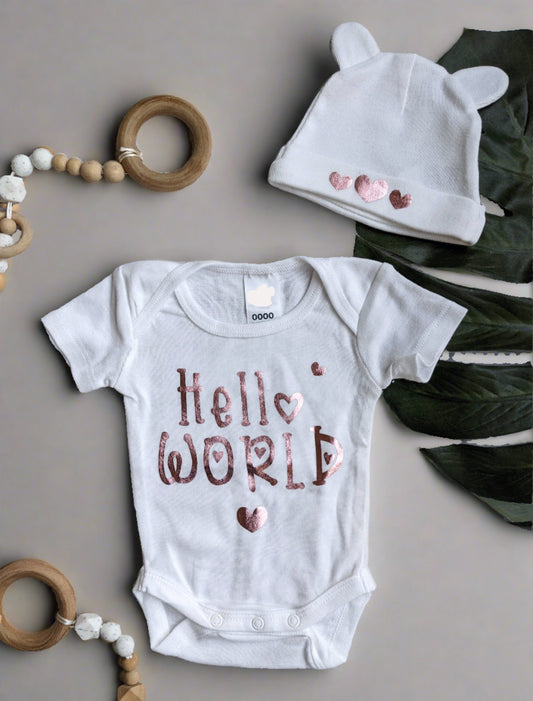 Newborn Outfit, Hello World Birth Announcement Onesie Bodysuit and Baby Hat