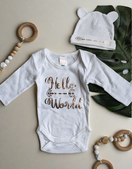 Newborn Outfit, Hello World Birth Announcement Onesie Bodysuit and Baby Hat