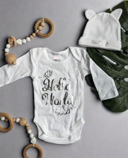 Newborn Outfit, Hello World Birth Announcement Onesie Bodysuit and Baby Hat