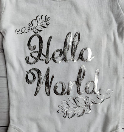 Newborn Outfit, Hello World Birth Announcement Onesie Bodysuit and Baby Hat