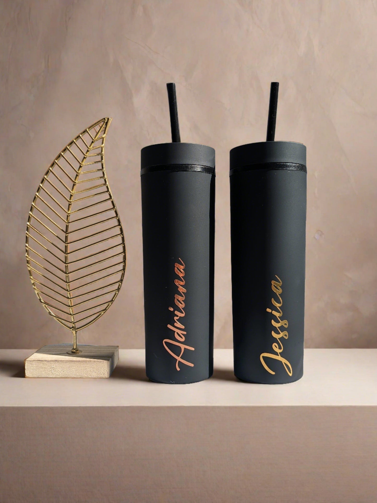 Black Personalised Drink Bottle Tumbler with straw