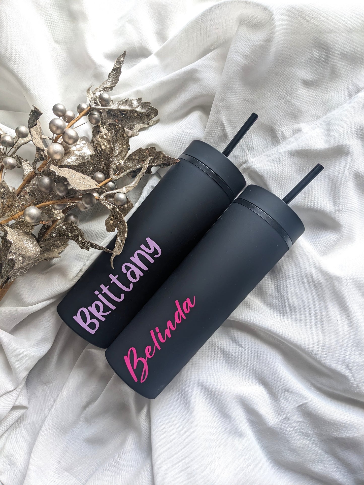 Black Personalised Drink Bottle Tumbler with straw