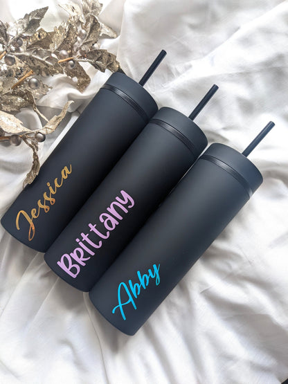 Black Personalised Drink Bottle Tumbler with straw