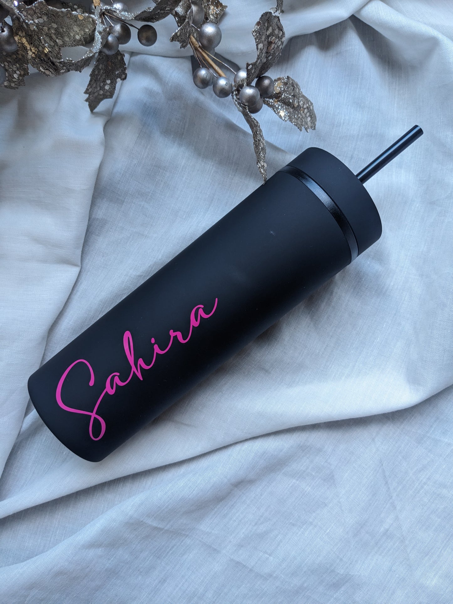 Black Personalised Drink Bottle Tumbler with straw