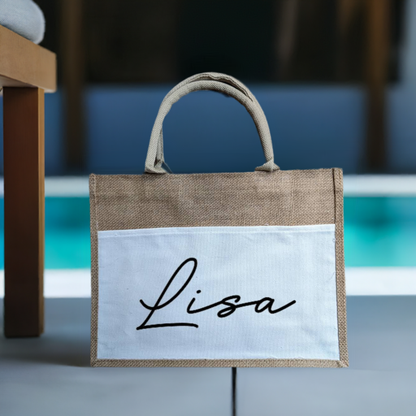 Personalised Jute/Burlap Tote Bag with Canvas Pocket