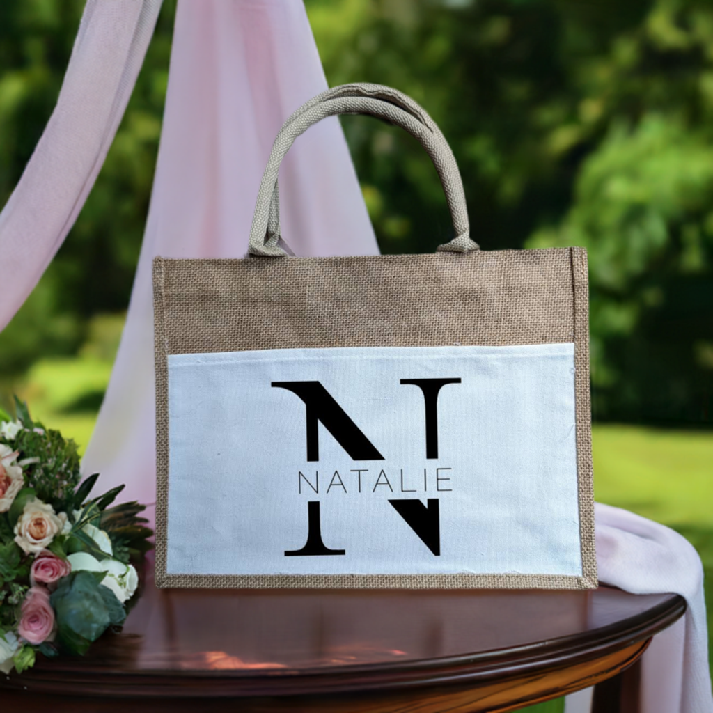 Personalised Jute Tote Bag with Canvas Pocket