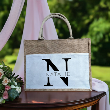 Personalised Jute Tote Bag with Canvas Pocket