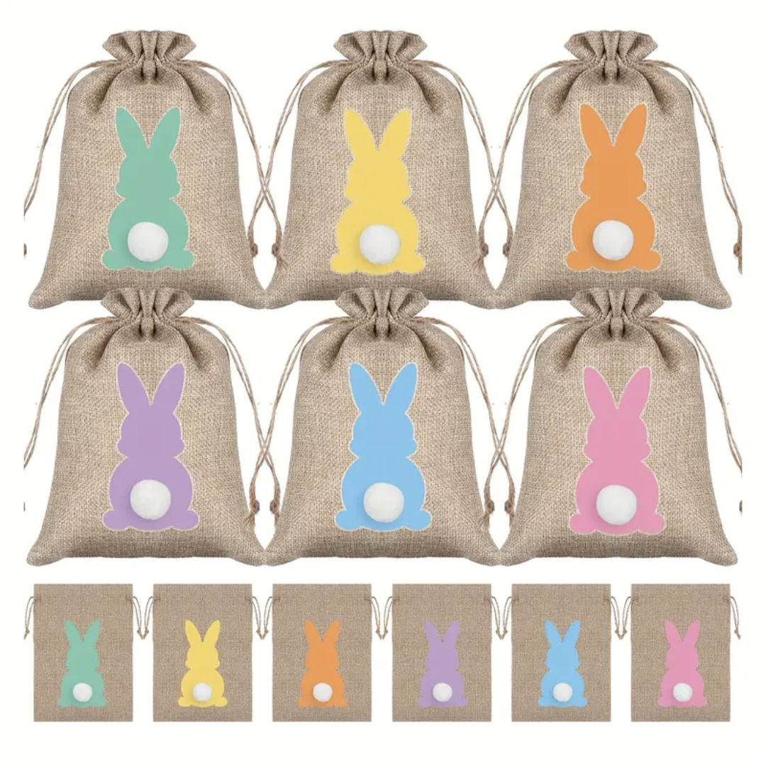 Personalised Easter Bunny Small Hessian Easter Egg Goodie Bags - Set of 6