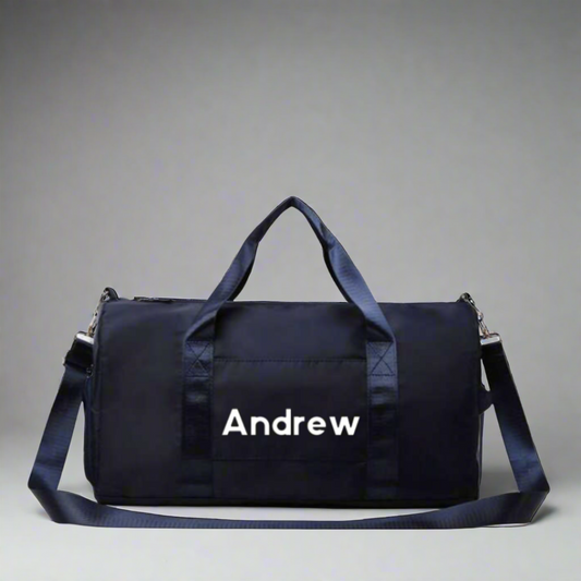 navy gym bag personalised with name. Many compartments, spacious. Overnight bag