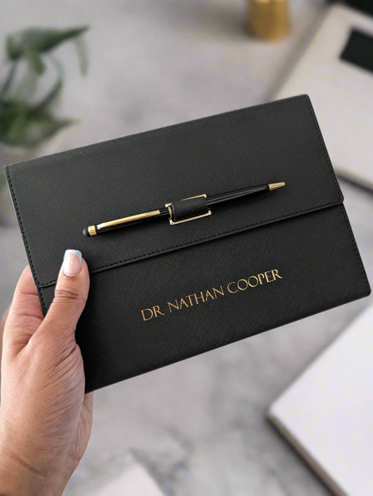 a5 notebook in black personalised in gold, Notebook can be replaced afterwards. Corporate gift