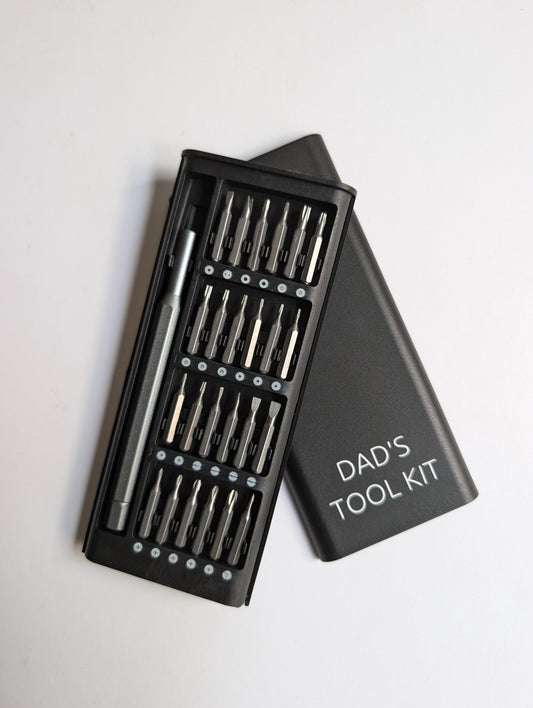 precision tool kit with a number of small screw driver bits. personalised for fathers day