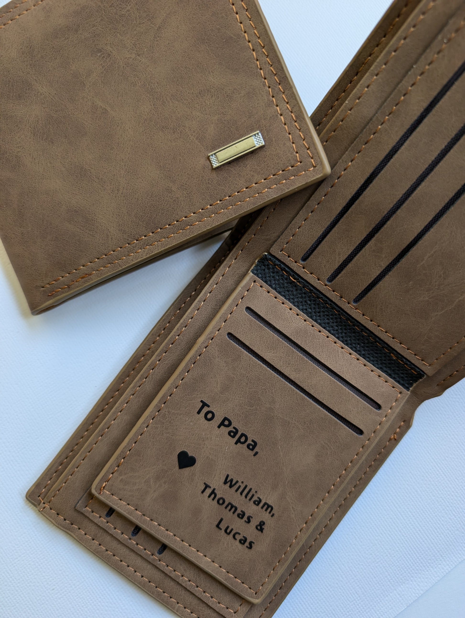 brown suede mens wallet personalised on the inside with a message for fathers day