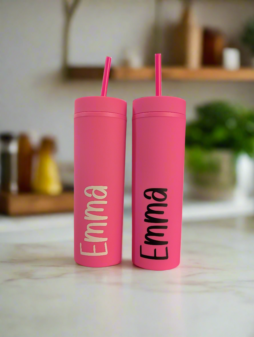 Hot Pink Personalised Drink Bottle Tumbler with straw