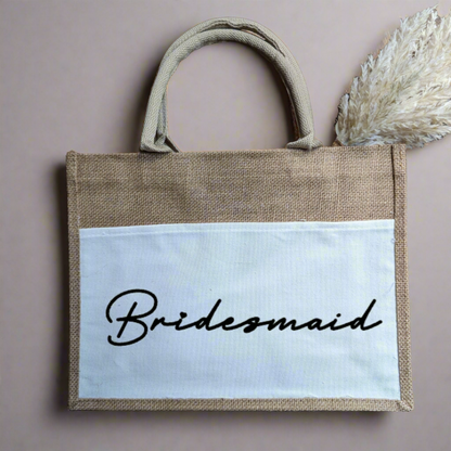 Bridesmaid Jute/Burlap Tote Bag with Canvas Pocket