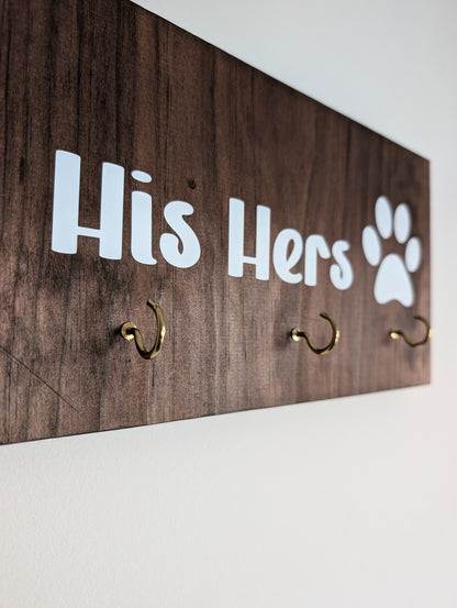 His Hers Paw Print Key Hooks Wooden Plaque