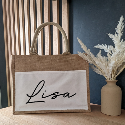 Personalised Jute/Burlap Tote Bag with Canvas Pocket