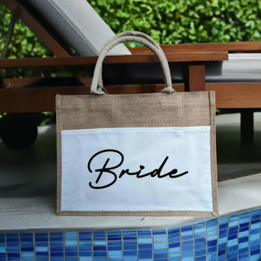 Bride Jute/Burlap Tote Bag with Canvas Pocket