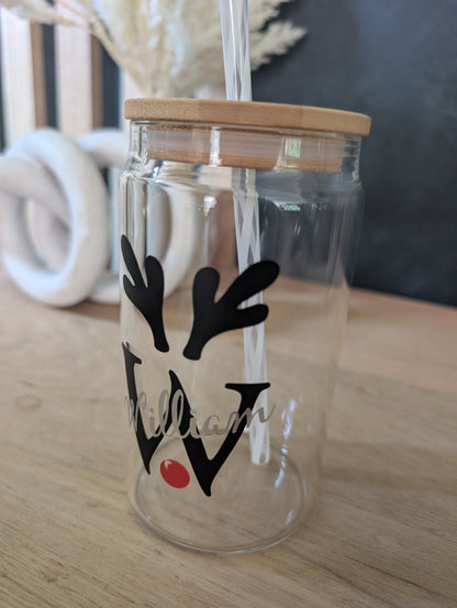 Christmas Reindeer personalised Reusable Glass Can Tumbler Cup with Straw