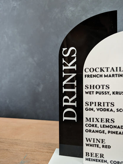 Drinks Menu Double Arch Acrylic Sign