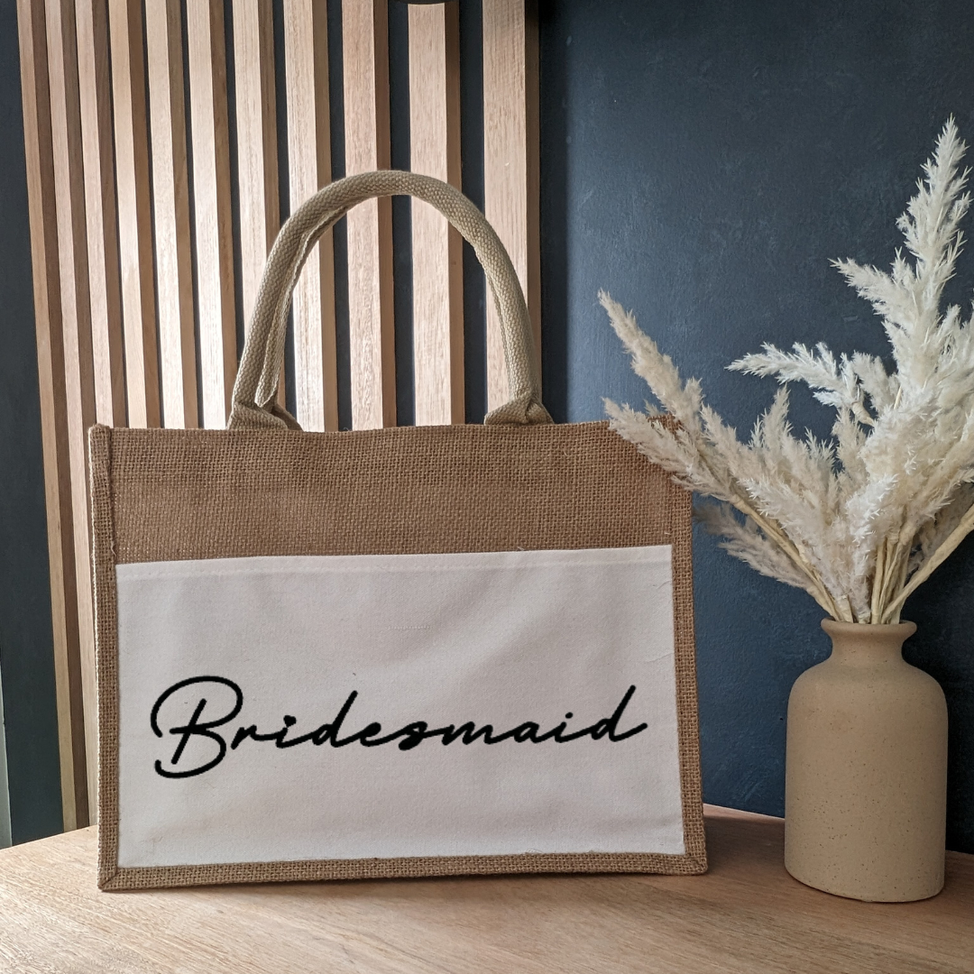 Bridesmaid Jute/Burlap Tote Bag with Canvas Pocket