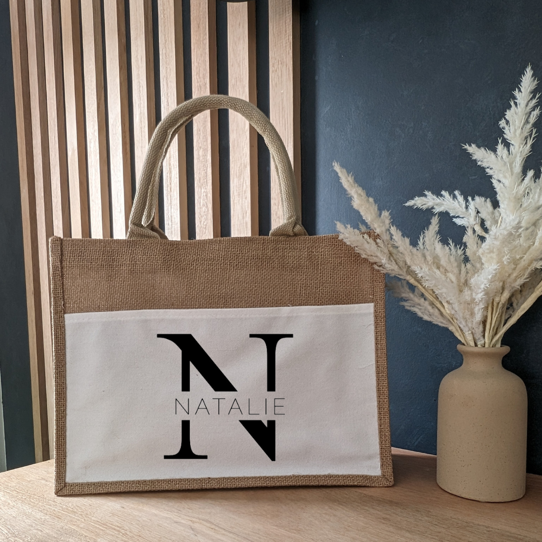 Personalised Jute Tote Bag with Canvas Pocket