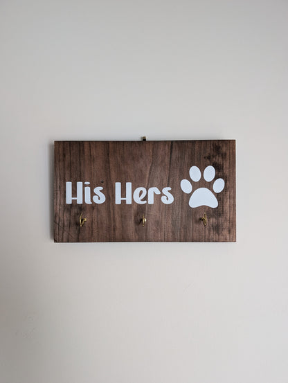 His Hers Paw Print Key Hooks Wooden Plaque