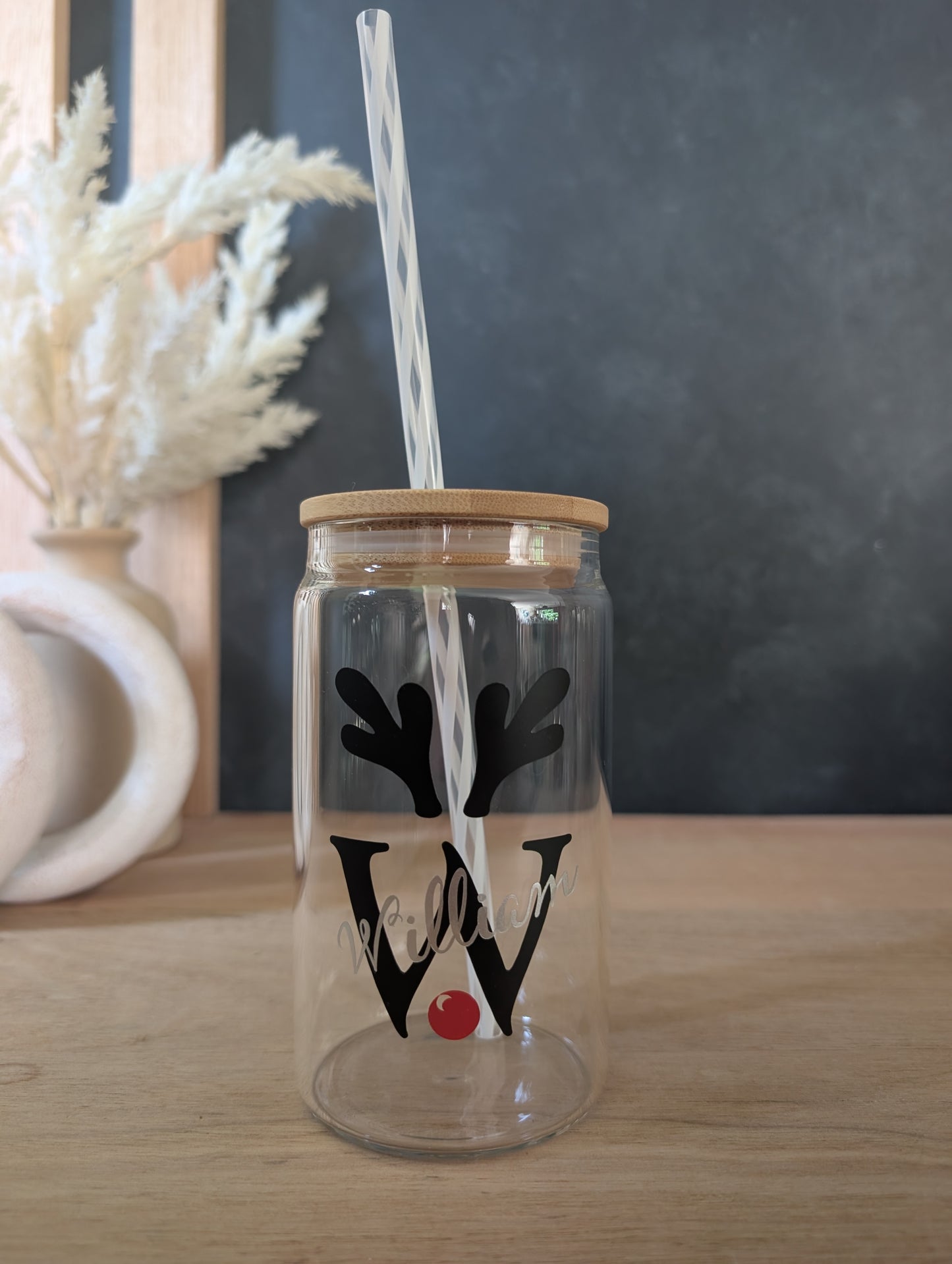 Christmas Reindeer personalised Reusable Glass Can Tumbler Cup with Straw