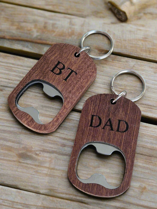 wooden bottle opener keyring monogramed with initials or word dad