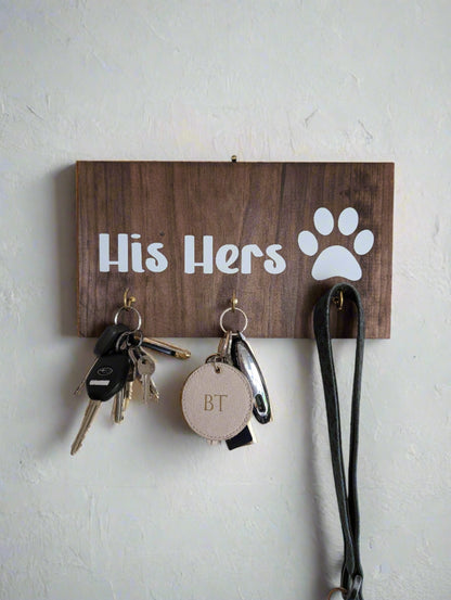 His Hers Paw Print Key Hooks Wooden Plaque