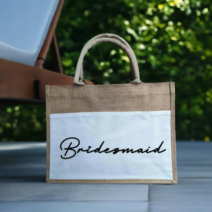 Bridesmaid Jute/Burlap Tote Bag with Canvas Pocket