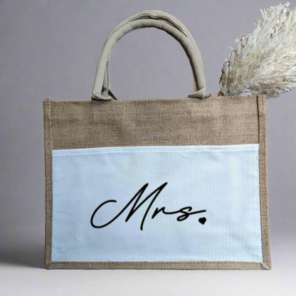 Mrs Jute/Burlap Tote Bag with Canvas Pocket