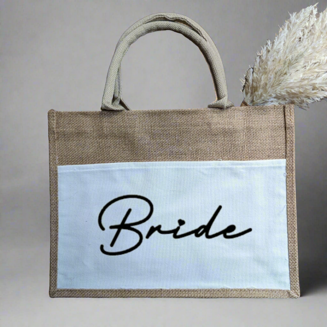 Bride Jute/Burlap Tote Bag with Canvas Pocket