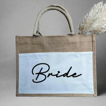 Bride Jute/Burlap Tote Bag with Canvas Pocket