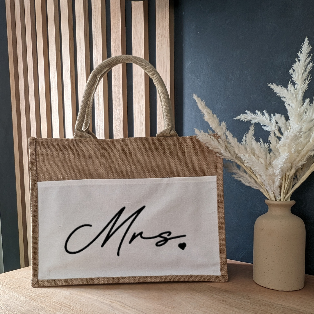 Mrs Jute/Burlap Tote Bag with Canvas Pocket