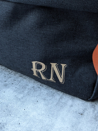 detailed look at mens monogrammed toiletries bag. Gift idea for men